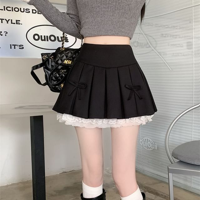 Lace Mini Panel Bow High A-Line Pleated Waist Skirt