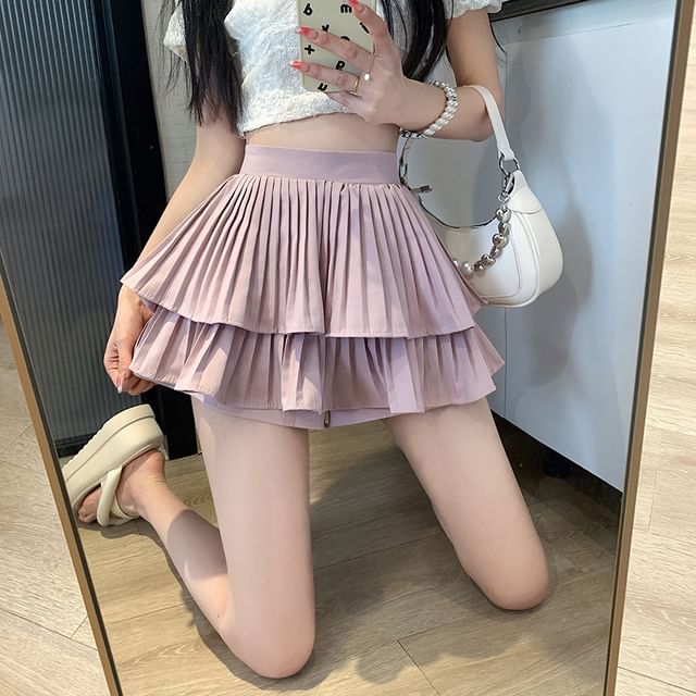 A-Line Accordion High Ruffle Waist Pleated Mini Plain Skirt