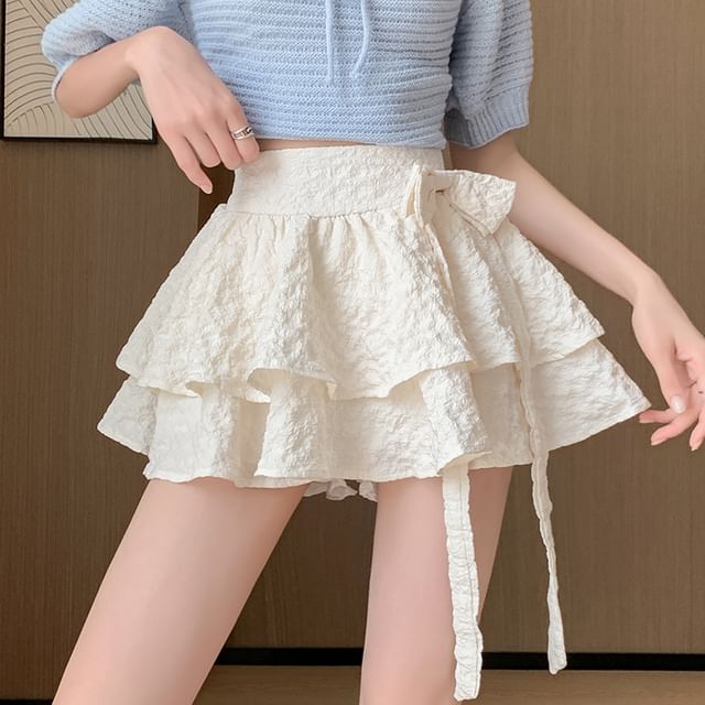 Ruffle Skirt Mini Plain High A-Line Bow Waist