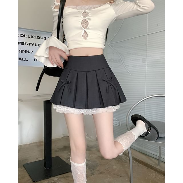 Lace Mini Panel Bow High A-Line Pleated Waist Skirt