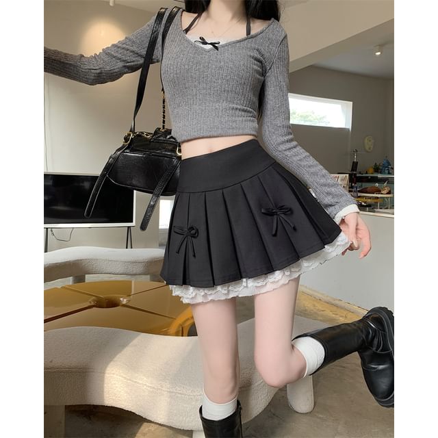 Lace Mini Panel Bow High A-Line Pleated Waist Skirt