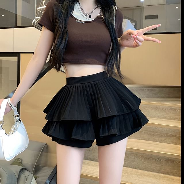 A-Line Accordion High Ruffle Waist Pleated Mini Plain Skirt