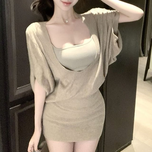 Elbow-Sleeve Plain / Dress Camisole Sheath Mini Top