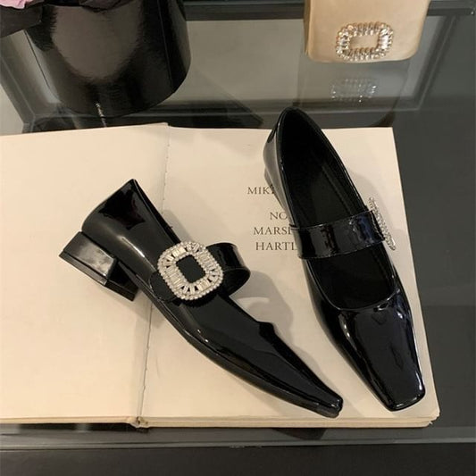 Low Mary Heel Pumps Buckle Rhinestone Jane