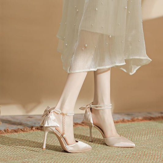 Stiletto Strap Faux Sandals Pearl Heel Bow