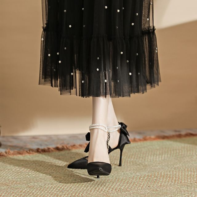 Stiletto Strap Faux Sandals Pearl Heel Bow