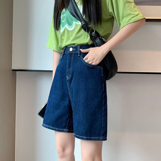 Plain Denim High Shorts Waist