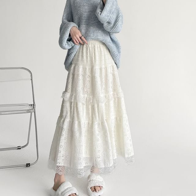 Waist A-Line Plain Lace Skirt Midi High Panel