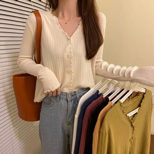 Plain V-Neck Knit Cropped Cardigan Ribbed