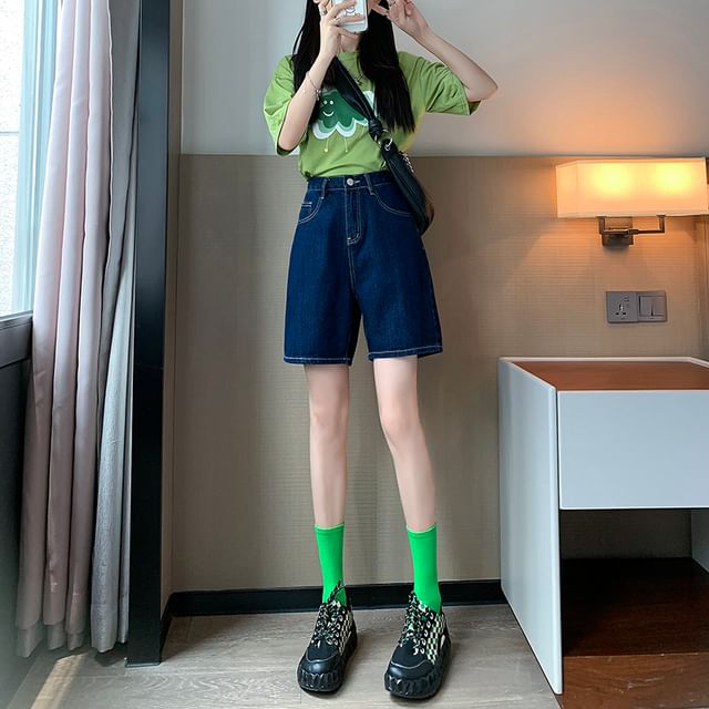 Plain Denim High Shorts Waist