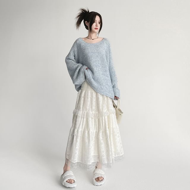 Waist A-Line Plain Lace Skirt Midi High Panel