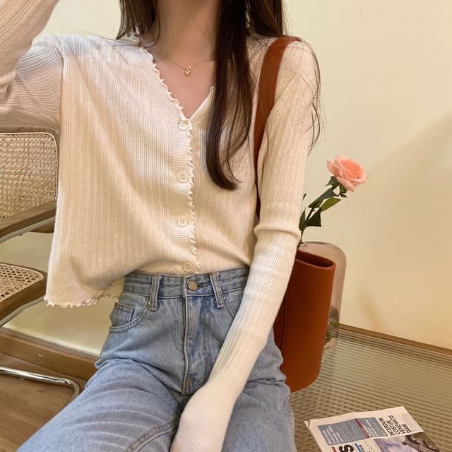 Plain V-Neck Knit Cropped Cardigan Ribbed