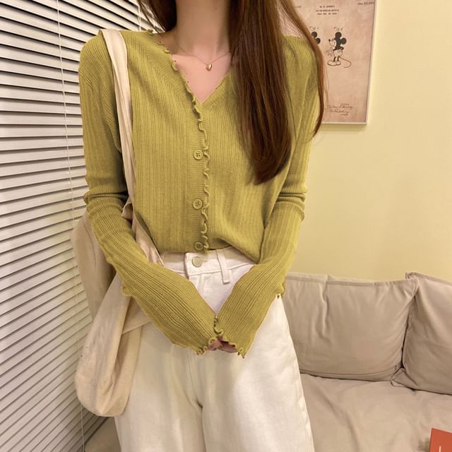 Plain V-Neck Knit Cropped Cardigan Ribbed