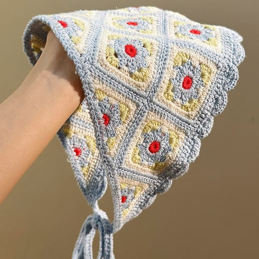 Triangle Head Scarf Floral Knit Plaid