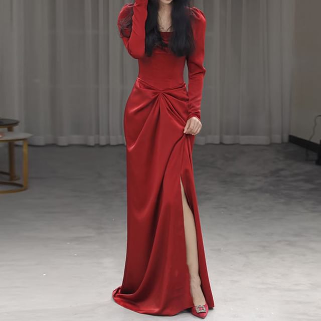 Evening Gown Slit Neck Mermaid Square Ruched Plain Long-Sleeve