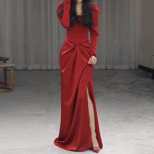 Evening Gown Slit Neck Mermaid Square Ruched Plain Long-Sleeve