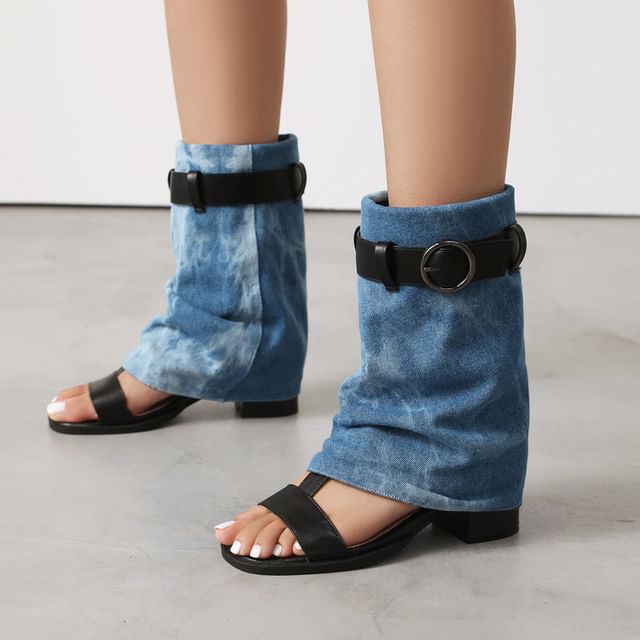 Denim Heel Short Boots Block Thong Washed