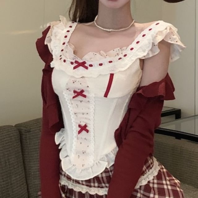 Panel Sleeveless Bow Print / Waist Plaid Ruffle Striped Mini High A-Line Cardigan Skirt Top Floral