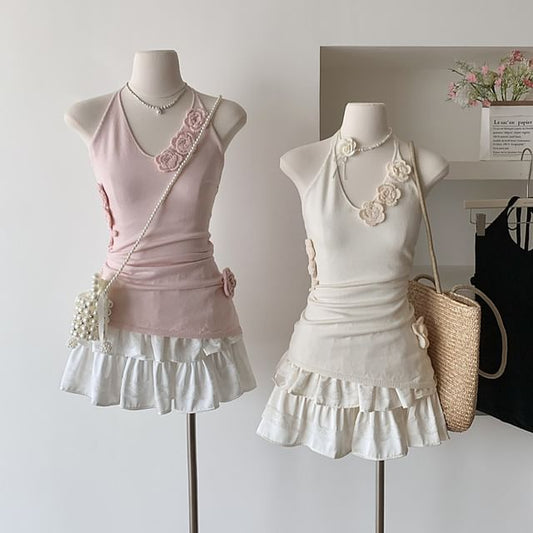 Halter Floral Top Plain Crochet