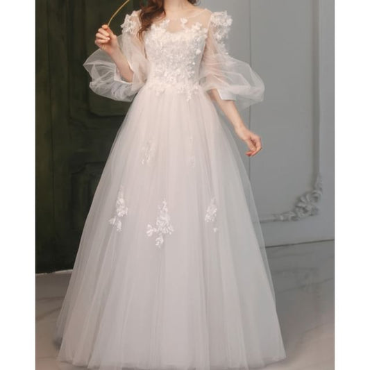 Gown Mesh Puff-Sleeve Floral A-Line Wedding
