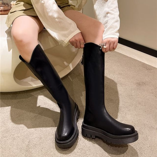 Zip-Up Faux Tall Plain Platform Leather Boots