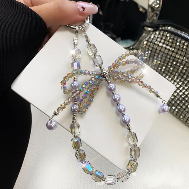 Phone Lanyard with Pad Faux Pearl Crystal Strap Bow
