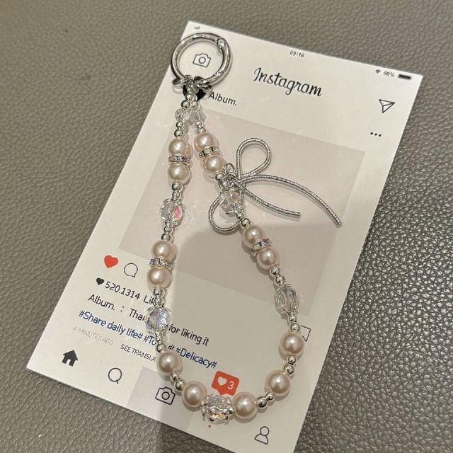 Pearl Faux Strap with Bow Lanyard Phone Pad