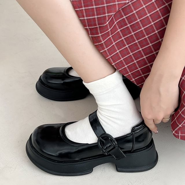 Leather Faux Shoes Jane Plain Platform Mary Buckled