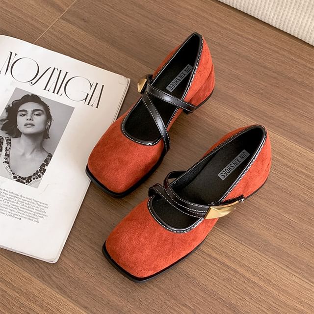 Trim Jane Toe Contrast Square Mary Pumps Heel Chunky