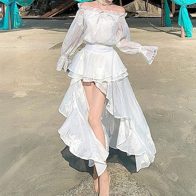 High Long-Sleeve Plain Ruffle Low Maxi Off-The-Shoulder A-Line Dress