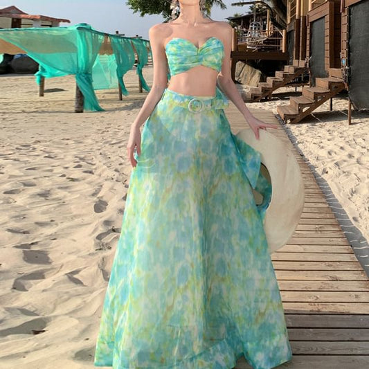 High Rise + A-Line Floral Set: Skirt Crop Sleeveless Maxi Top