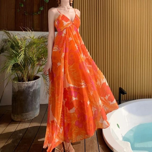 Strap A-Line V-Neck Dress Maxi Floral Spaghetti Print