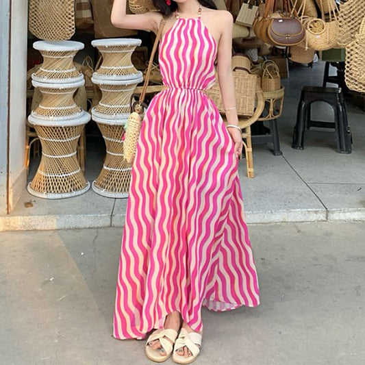 Striped Neck Wave A-Line Halter Maxi Dress Sleeveless