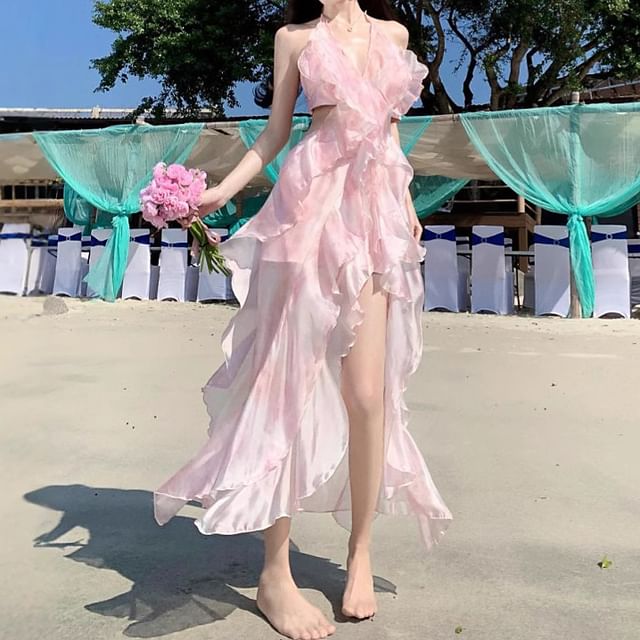 Floral Set: Skirt Top + Halter Midi A-Line Waist V-Neck High Crop