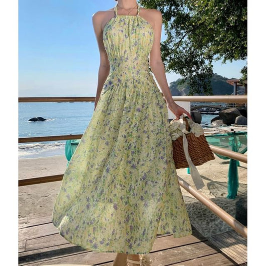 A-Line Neck Midi Flower Halter Print Dress