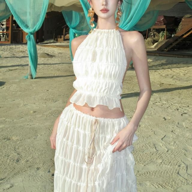 Set: Plain Crop Top Halter Rise Cami Maxi + A-Line Skirt High Neck