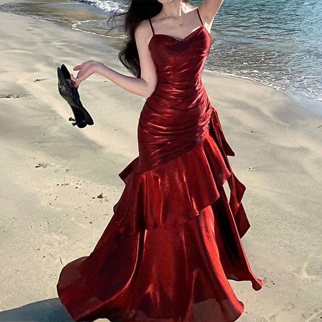 Gown A-Line Spaghetti Glitter Plain Strap Evening