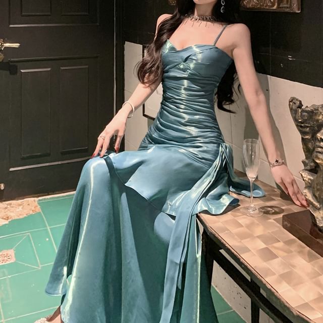 Gown A-Line Spaghetti Glitter Plain Strap Evening