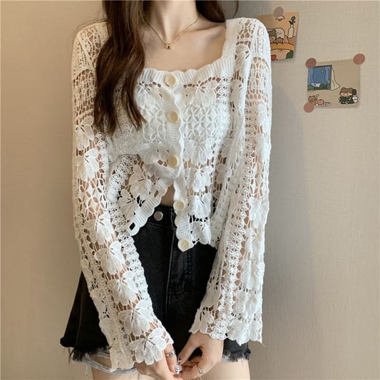 Cropped Square Crochet Cardigan Floral Neck