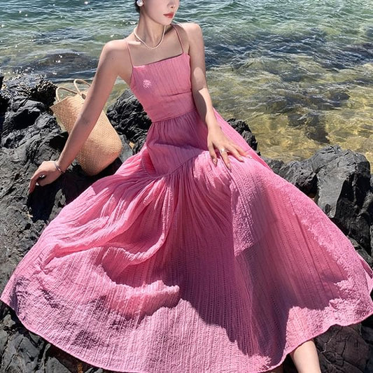 Textured Plain Strap Dress Spaghetti Maxi A-Line