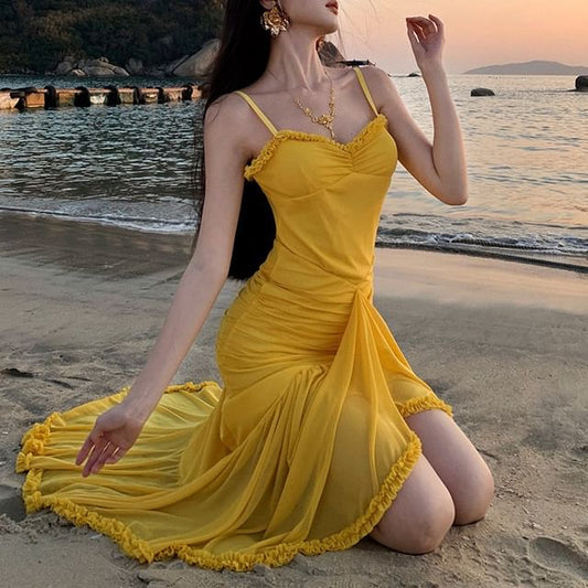 Spaghetti Hem Maxi Plain Bodycon Ruffle Strap V-Neck Dress