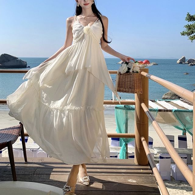 V-Neck Strap Maxi Trim Plain Dress Ruffle Spaghetti A-Line