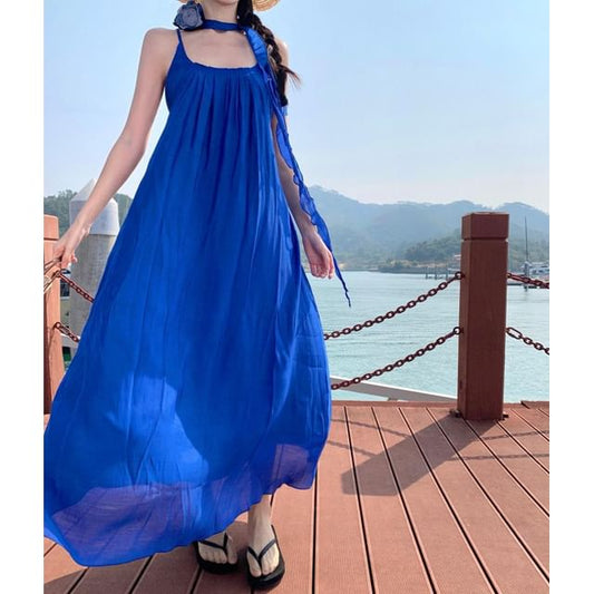 Trim Scoop Ruffle Spaghetti Dress Maxi A-Line Neck Plain Strap