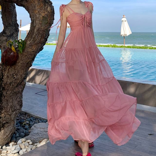 Strap V-Neck Plain Trim Maxi Dress Ruffle A-Line Spaghetti