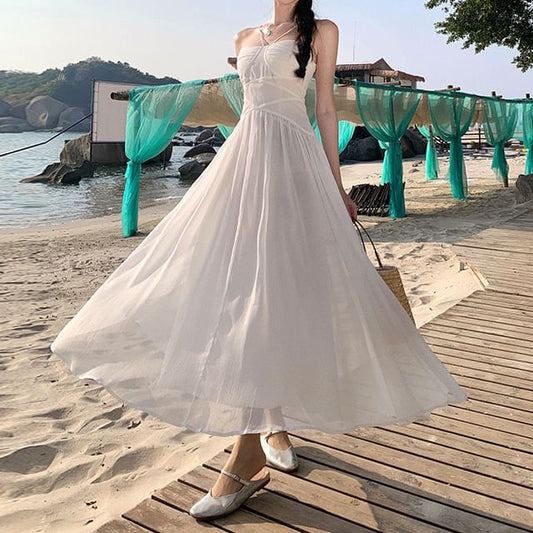 Maxi Strap A-Line Ruched Dress Spaghetti Plain