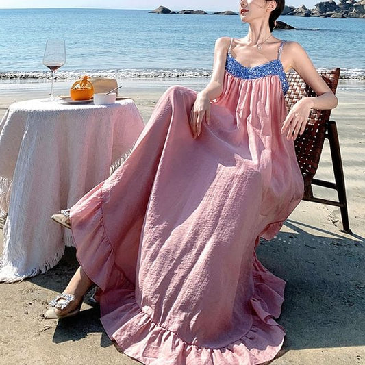 Strap Hem Panel Maxi Spaghetti Sequined Dress Ruffle A-Line