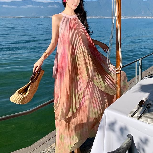 Sleeveless Pleated Neck Tie Dye A-Line Crew Dress Maxi