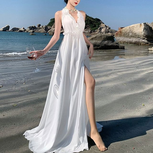 Sleeveless Maxi Slit A-Line Plain Dress V-Neck