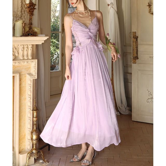 Ruffle V-Neck Spaghetti Dress Maxi A-Line Plain Strap Trim