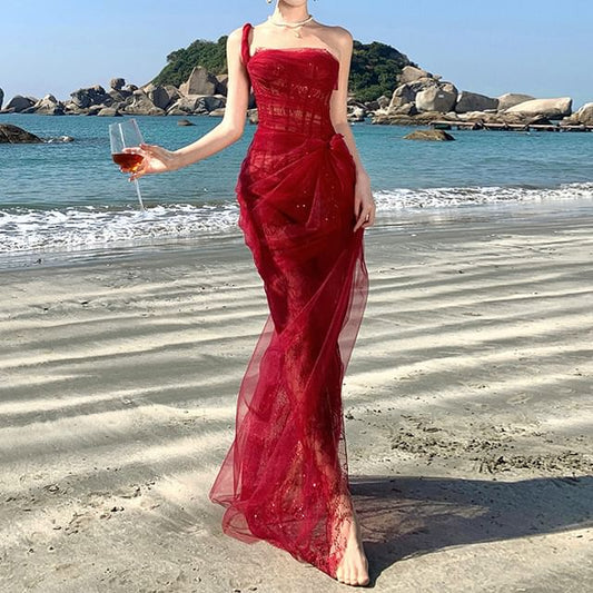 Sheer Gown Evening Sleeveless Sequin Ruffle Shoulder Maxi One